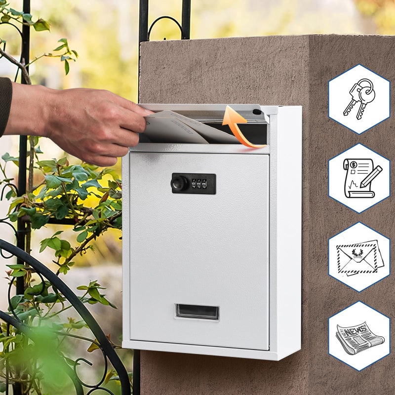 KYODOLED Locking Wall Mount Mailbox, Mail Boxes with Combination Lock for Outside, Security Cash Key Letter Drop Box with Code for House Office School,12.4H x 8.54L x 3.35W Inches, White - Image 5